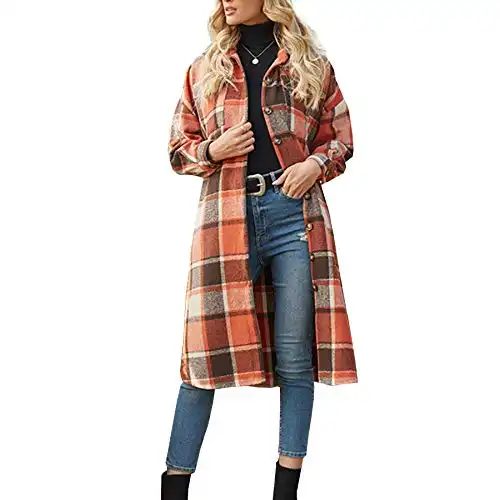 Women's Casual Wool Blend Long Plaid Shirt Jacket