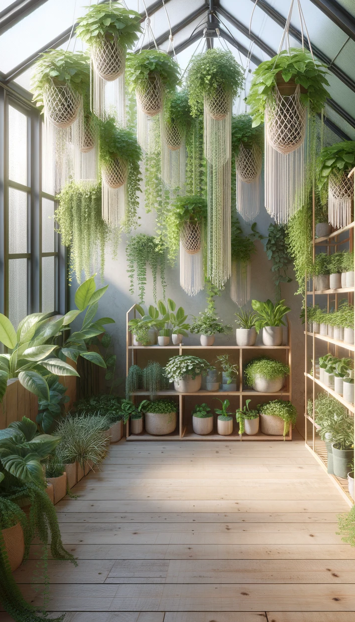  A compact greenhouse with cascading vines hanging from macrame planters, leaving the floor clutter-free- 