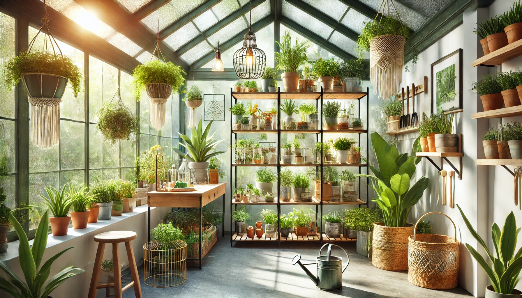 A beautifully designed greenhouse interior showcasing a small, cozy space filled with vibrant green plants. Sunlight streams through glass panels, illuminating the various tiers of plants arranged on stylish shelving. Include elements of thoughtful decor, such as a potting bench with tools, a decorative watering can, and hanging macrame planters. The overall atmosphere combines functionality and warmth, illustrating an inviting sanctuary for gardening enthusiasts