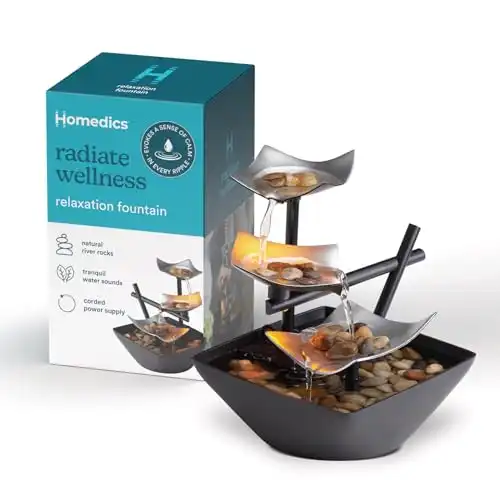 Homedics Tabletop Water Fountain, Home Décor Soothing Sound Machine - Automatic Pump, Deep Basin & Natural River Rocks. Indoor Zen Relaxation for Office, Living Room, or Bedroom, 8.25 Tall