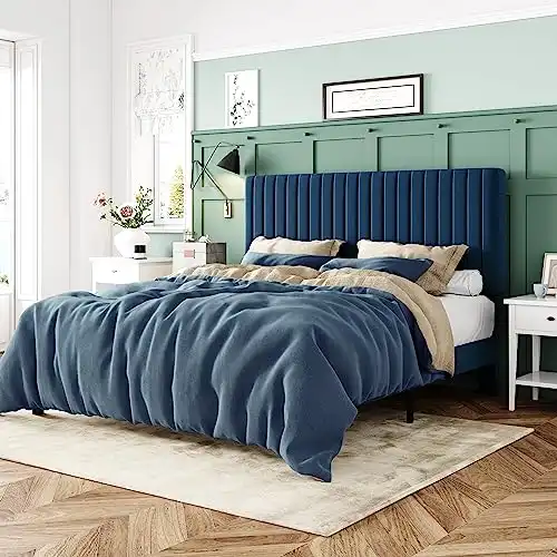 Allewie Queen Bed Frame, Velvet Upholstered Platform Bed with Adjustable Vertical Channel Tufted Headboard, Mattress Foundation with Strong Wooden Slats, Box Spring Optional, Easy Assembly, Navy Blue