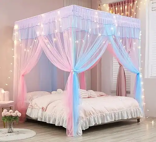 Mengersi Rainbow Canopy Bed Curtains with Lights - Princess Bed Canopy for Girls - Bed Drapes Netting- Bedroom Decoration Accessories,Full