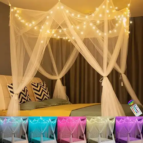 White Bed Canopy with 18 Colors Star Lights for Girls, 8 Corner Princess Canopy Bed Curtains with Color Changing LED String Lights Remote Timer for Adults Women Bedroom, Twin Full Queen King Bed