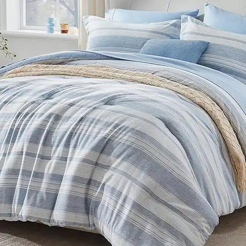 UNILIBRA King Size Comforter Set, 7 Pieces Bed in a Bag Blue Striped, Lightweight Cationic Dyeing Bedding Sets for All Seasons with Comforter, Flat Sheet, Fitted Sheet, Pillow Shams, Pillowcases