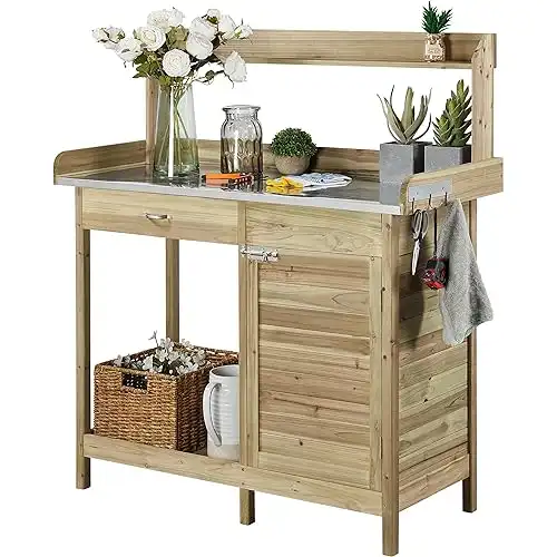 Yaheetech Outdoor Potting Bench Table, Garden Work Bench w/Metal Tabletop Work Station w/Cabinet Drawer, Open Top&Lower Shelf, Handy Hooks, ACQ Lumber Wood, Light Green