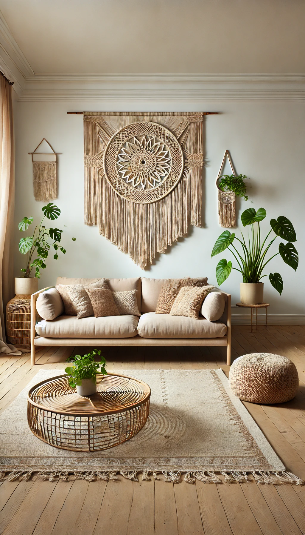 A living room features a large macramé wall hanging with fringe and intricate knots, centered above a beige sofa. Nearby, a smaller macramé plant hanger holds a trailing pothos plant, tying the look together.