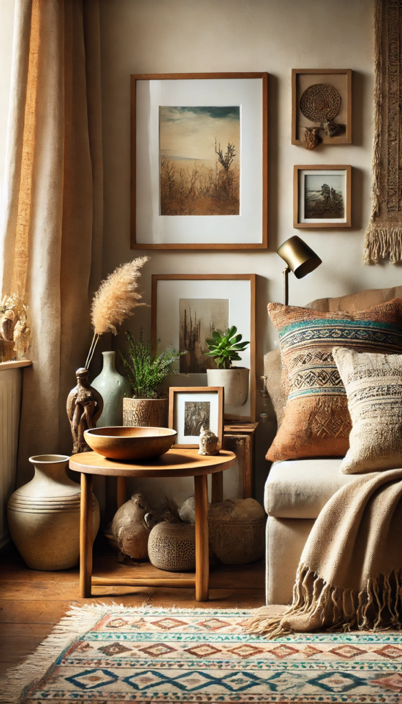 A small side table holds a handmade ceramic bowl, a boho photo in a wooden frame, and a small sculpture collected from a trip.