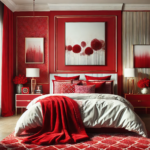 **Image Description for a Feature Image:** A beautifully styled bedroom showcasing a vibrant red color scheme. The room features a striking red accent wall behind a neatly made bed adorned with plush red and white patterned pillows. A cozy red velvet throw blanket drapes elegantly over the foot of the bed. In the background, subtle metallic gold accents, such as a lamp and picture frames, complement the bold red. A luxurious red area rug enhances the warmth of the space, while natural light filters through sheer, neutral-toned curtains, creating an inviting and stylish atmosphere. The overall aesthetic blends elegance and comfort, perfect for showcasing red bedroom decor ideas.