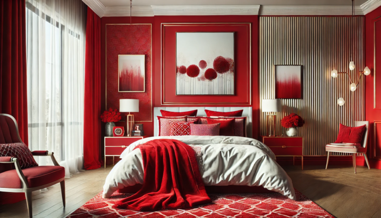 **Image Description for a Feature Image:** A beautifully styled bedroom showcasing a vibrant red color scheme. The room features a striking red accent wall behind a neatly made bed adorned with plush red and white patterned pillows. A cozy red velvet throw blanket drapes elegantly over the foot of the bed. In the background, subtle metallic gold accents, such as a lamp and picture frames, complement the bold red. A luxurious red area rug enhances the warmth of the space, while natural light filters through sheer, neutral-toned curtains, creating an inviting and stylish atmosphere. The overall aesthetic blends elegance and comfort, perfect for showcasing red bedroom decor ideas.