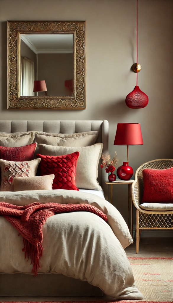 A cozy red bedroom featuring a beautifully made bed with a soft, neutral-colored duvet, complemented by vibrant red throw pillows. A small red bedside lamp adds a touch of warmth, and a decorative gold-framed mirror hangs on the wall, reflecting the subtle elegance of the room. Various textured red accents, like a plush throw blanket, are artfully arranged on a wicker chair nearby.