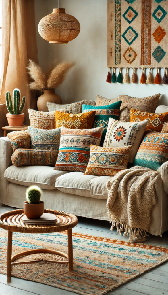 Image Description: A sofa is piled with throw pillows in mustard yellow, burnt orange, and teal. Patterns include geometric prints, embroidered designs, and pillows adorned with playful tassels.