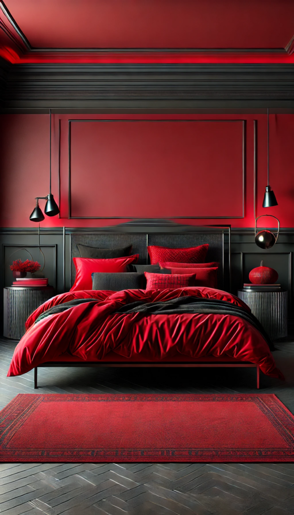 A modern bedroom showcasing a striking contrast between deep red and sleek black. The focal point is a bold red duvet covering a contemporary black metal bed frame. Black bedside tables with metallic accents contrast with the richness of the red textiles, while stylish lighting and a patterned rug tie together the dramatic color scheme, creating an elegant and bold aesthetic.