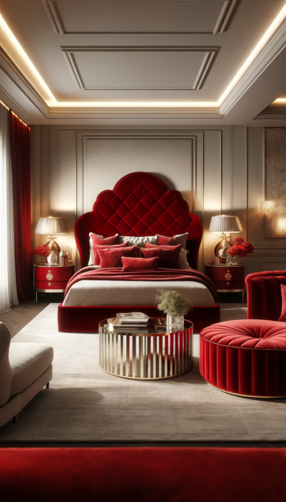 An opulent bedroom designed with luxurious red velvet furniture. The centerpiece is a stunning red velvet headboard framed by soft, ambient lighting. A chic red velvet armchair sits in one corner, paired with metallic side tables. The decor features rich textures, including plush red throw pillows on a neutral sofa and a soft, textured rug underfoot, enhancing the room's glamorous vibe.