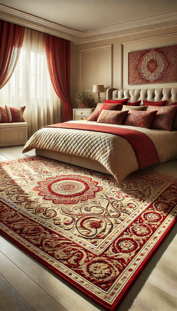 A warm and inviting bedroom with a beautifully patterned red area rug centered under a plush bed. The rug’s intricate design adds visual interest, while complementary decor elements, such as a matching red throw blanket and decorative pillows, harmonize with the soft beige walls. Natural light filters through sheer curtains, enhancing the cozy atmosphere.