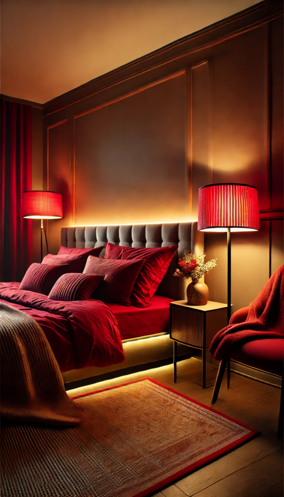 A romantic bedroom illuminated with soft, warm red lighting. A stylish table lamp with a red shade sits on a bedside table, casting a gentle glow. LED strip lights outlining the headboard create an inviting ambiance. The rich red textiles of the bedding stand out against neutral-colored walls, while a cozy throw blanket is draped casually over a chair, adding to the snug vibe.