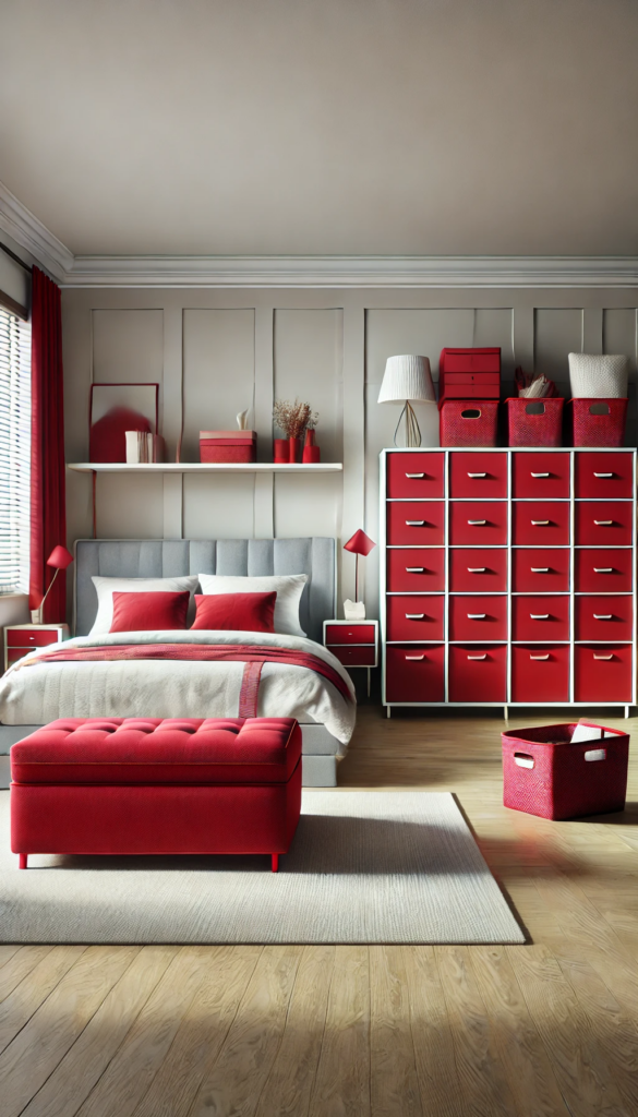 An organized and stylish bedroom featuring bold red storage furniture. A sleek red storage ottoman is positioned at the foot of the bed, providing both seating and storage. A modern red dresser with gold hardware stands against a light-colored wall, while decorative red baskets are neatly arranged on shelves, enhancing the room's functionality while maintaining a cohesive color scheme.