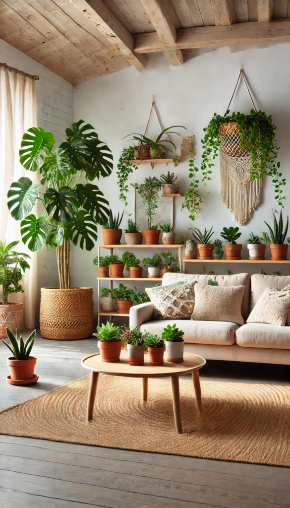 A bright boho living room corner features a tall fiddle leaf fig in a woven basket, surrounded by smaller succulents on a shelf and a macramé plant hanger holding a cascading pothos.