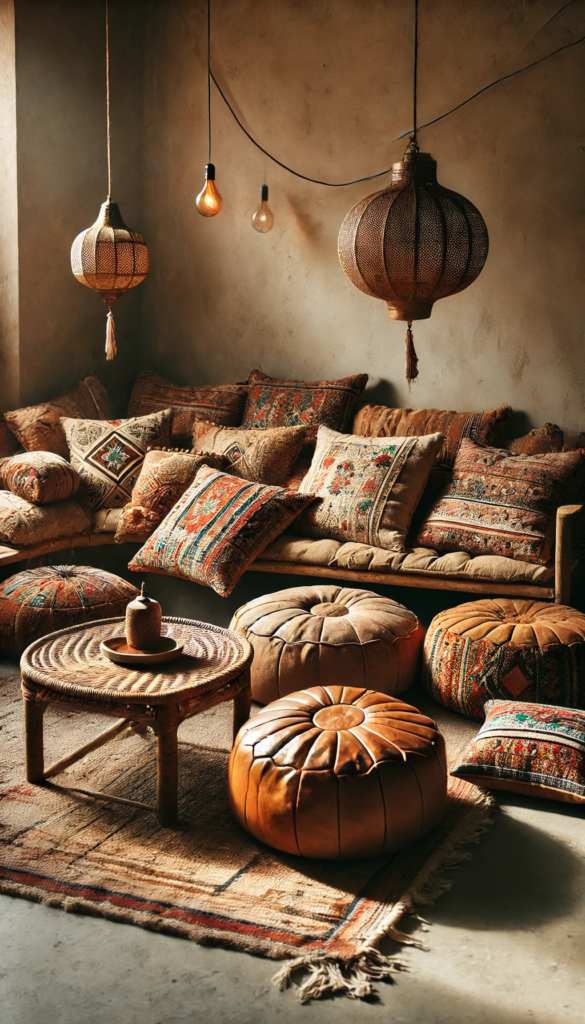 Two leather Moroccan poufs are paired with oversized tribal-print floor cushions. A small rattan boho coffee table holds a ceramic tea set, completing the cozy seating area.