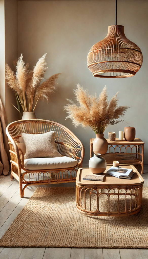 Image Description: A rattan chair with a soft cushion and throw is placed next to a wicker coffee table. The table is styled with a vase of pampas grass and stacked books.