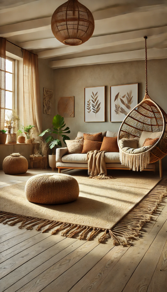 A large jute rug covers the floor, topped with a brightly colored tribal-patterned rug slightly offset. The rugs are surrounded by rattan furniture, a woven ottoman, and soft lighting from a floor lamp.