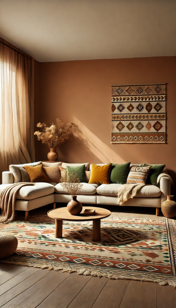 Image Description: A living room with terracotta-painted walls is styled with a beige sofa and olive green throw pillows. A wooden coffee table and brass accents complete the look.