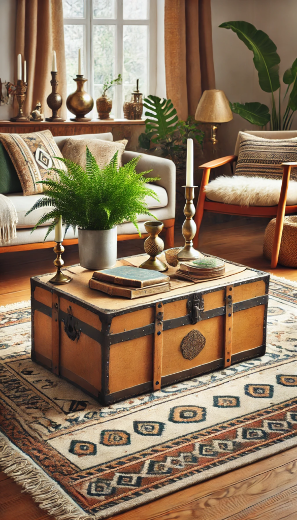 Image Description: A vintage wooden trunk with a distressed finish is used as a coffee table, adorned with stacked books, a brass candleholder, and a ceramic planter with eucalyptus stems.