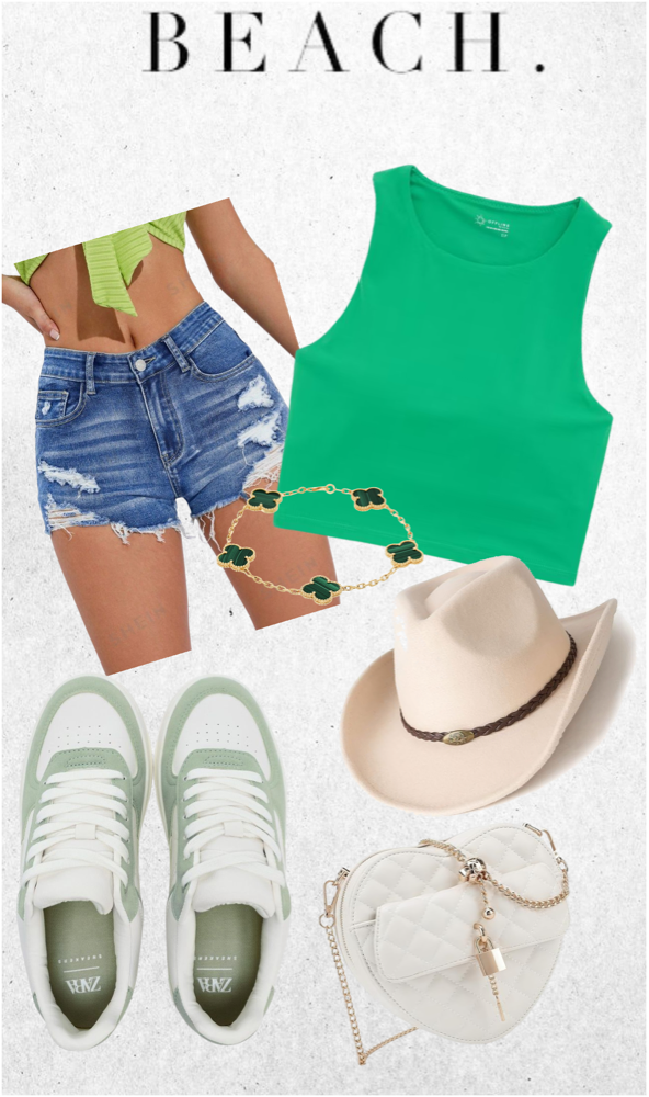 Distressed denim shorts with green tank top and western-style hat styled with mint sneakers and a heart-shaped purse for a bold summer coastal look.