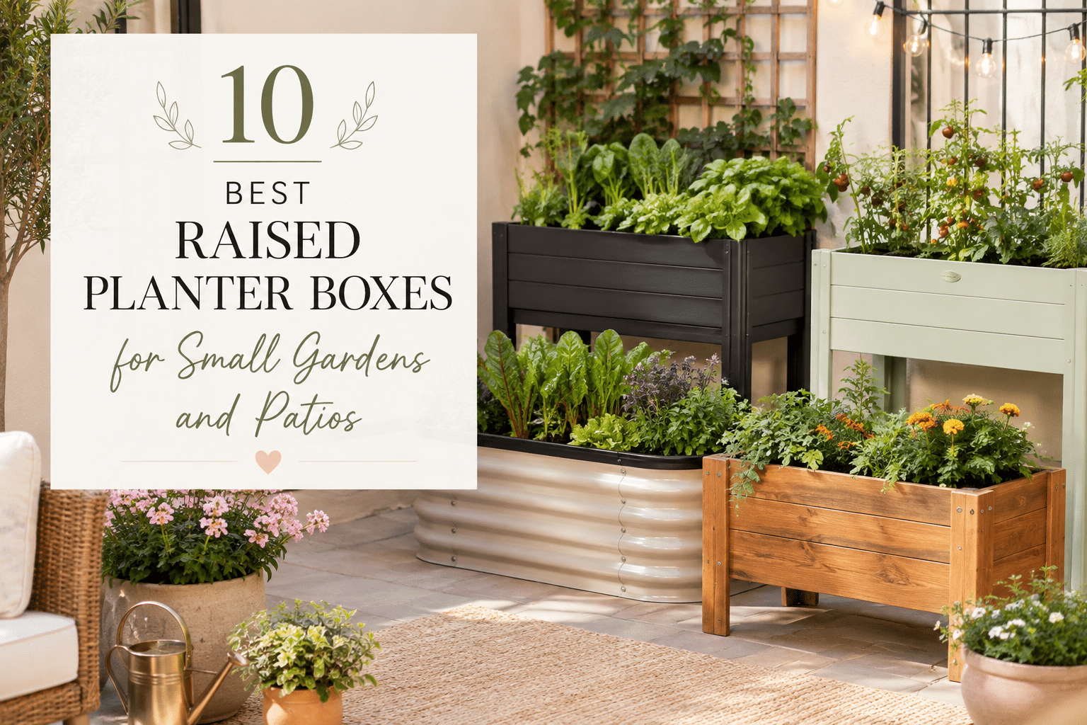 Wooden raised planter boxes filled with vegetables and herbs in a small patio garden