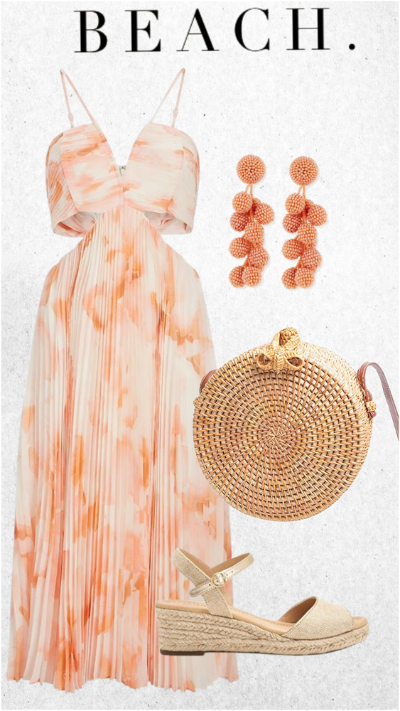 Soft peach beach outfit with flowy maxi dress, woven rattan bag, and delicate accessories styled for a romantic seaside look.