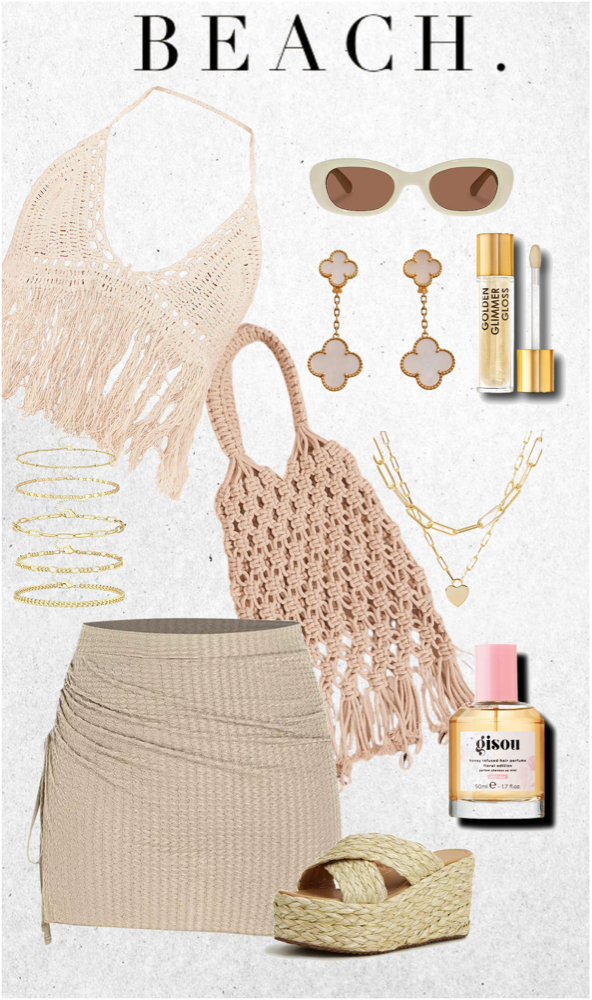 Neutral beach outfit featuring crochet top, mini skirt, raffia bag, and platform sandals styled with gold jewelry for a relaxed coastal look.