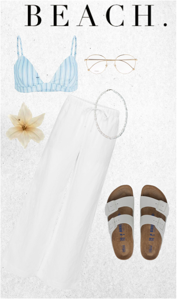 Relaxed coastal summer look with linen pants, striped bikini top, and neutral slip-ons styled for effortless beachside minimalism.