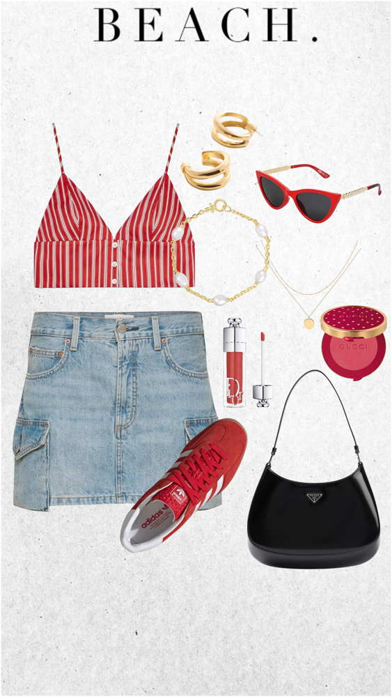 Denim mini skirt and red striped crop top paired with red sneakers and bold accessories for a fun and edgy summer outfit.