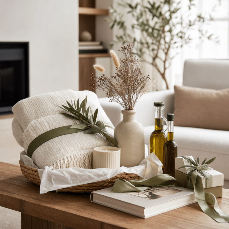 Elegant housewarming gift arrangement with a cream throw, ceramic vase, candle, coffee table book and olive oil set in a warm modern living room