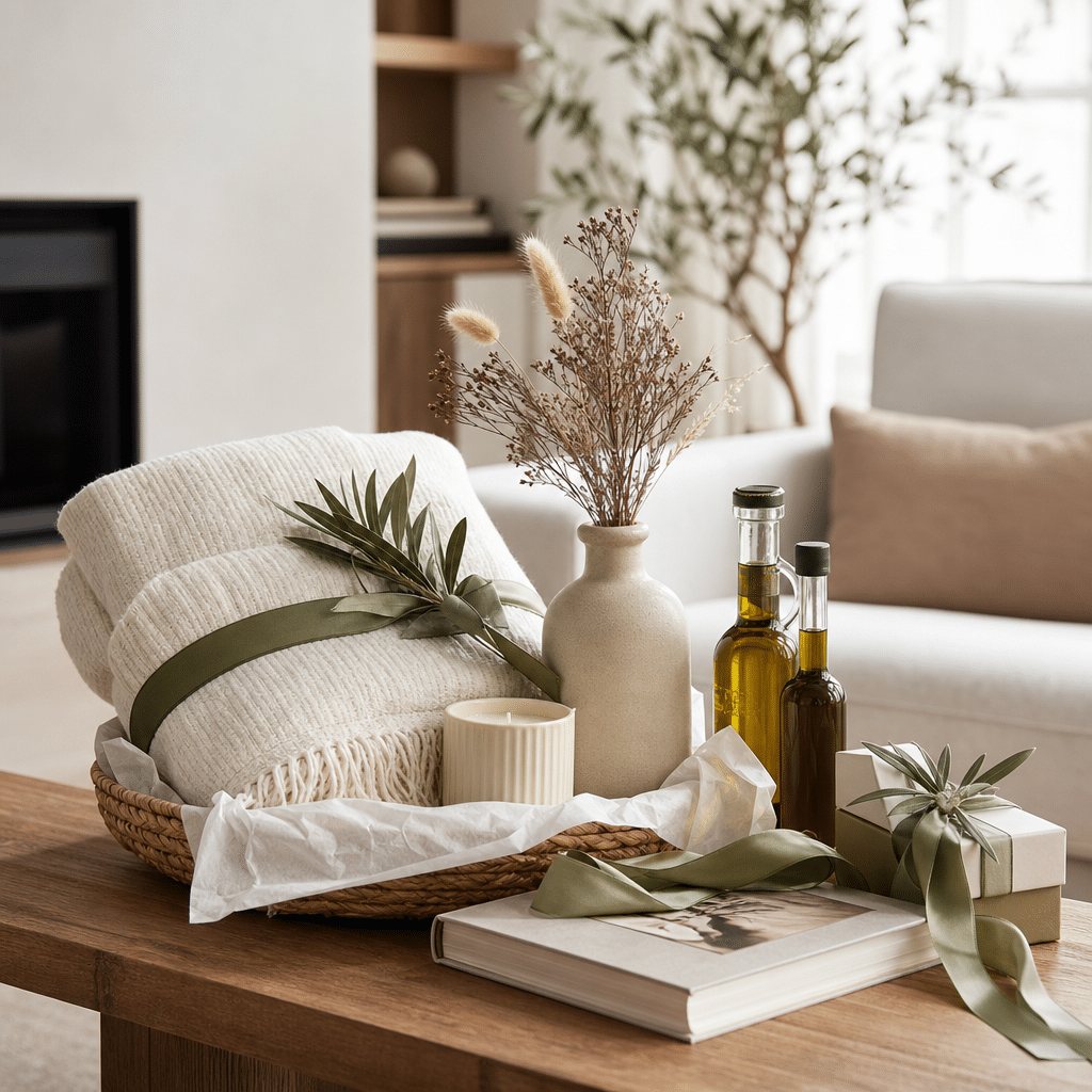 Elegant housewarming gift arrangement with a cream throw, ceramic vase, candle, coffee table book and olive oil set in a warm modern living room