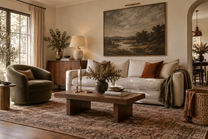 Warm living room featuring 2026–2027 home décor trends