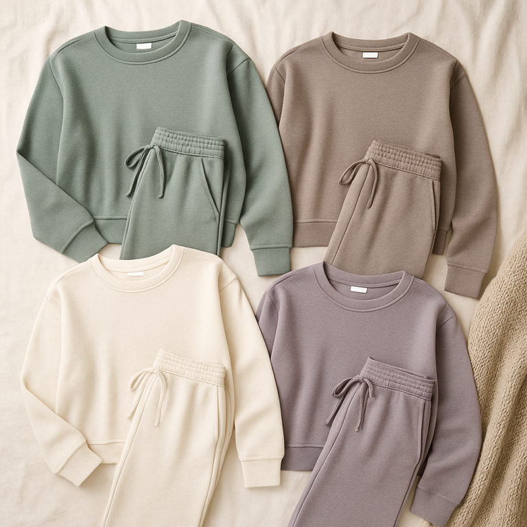 The Ultimate Guide to Stylish Loungewear Sets Under $50 6 Flat lay of four minimalist loungewear sets in sage green, taupe, ivory, and dusty lavender, neatly arranged on a soft cream fabric backdrop with a beige knit throw.