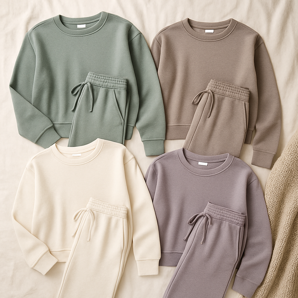Flat lay of four minimalist loungewear sets in sage green, taupe, ivory, and dusty lavender, neatly arranged on a soft cream fabric backdrop with a beige knit throw.