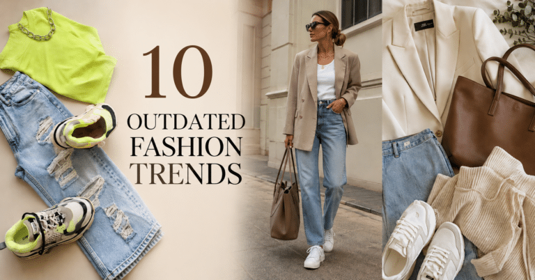 Featured image for “10 Outdated Fashion Trends Leaving in 2026” showing outdated fashion pieces transitioning into modern quiet luxury outfits and chic minimalist fashion trends.