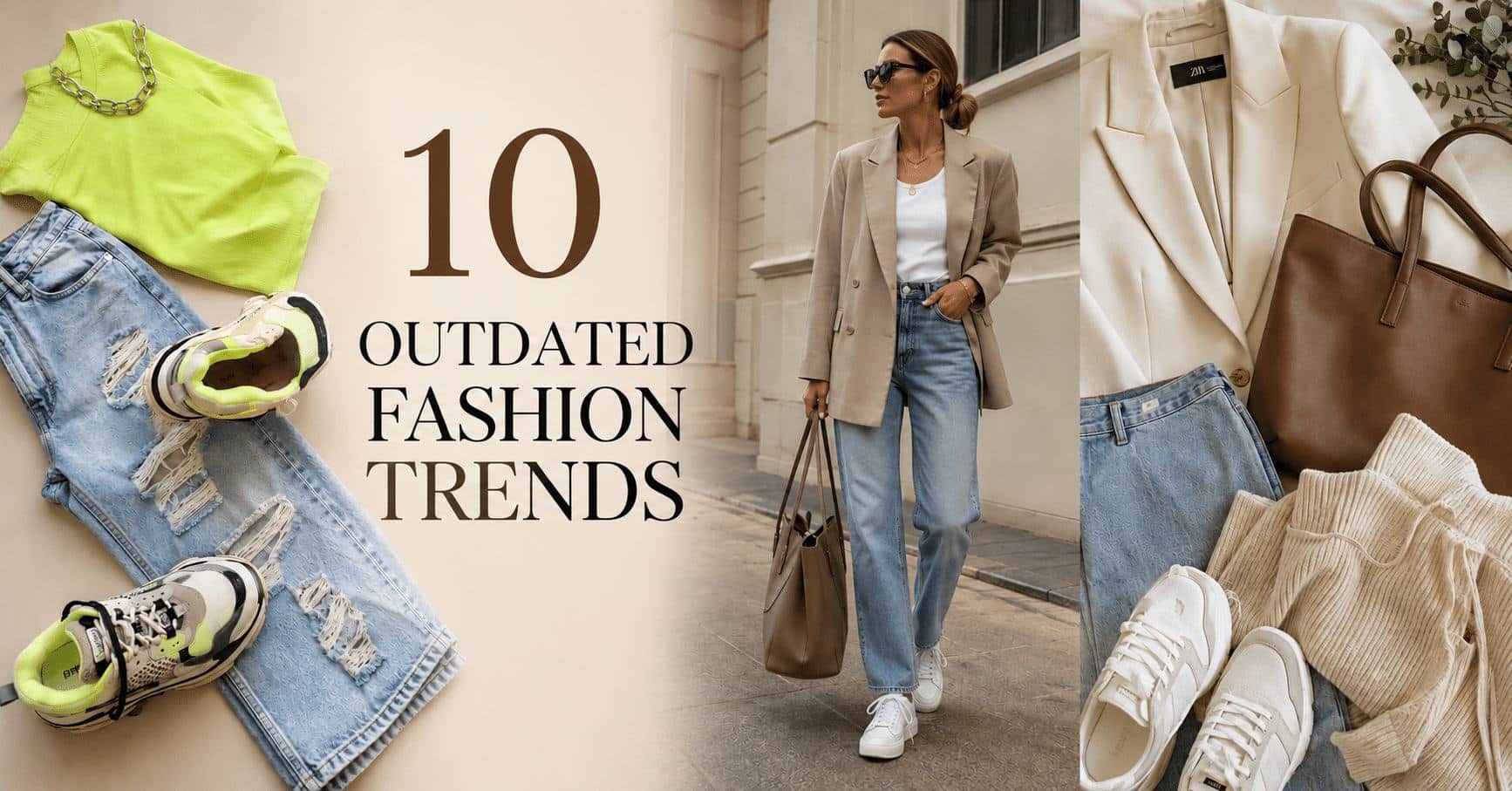 Collage of casual outfits, accessories, and a woman in blazer and jeans with text reading 10 Outdated Fashion Trends.