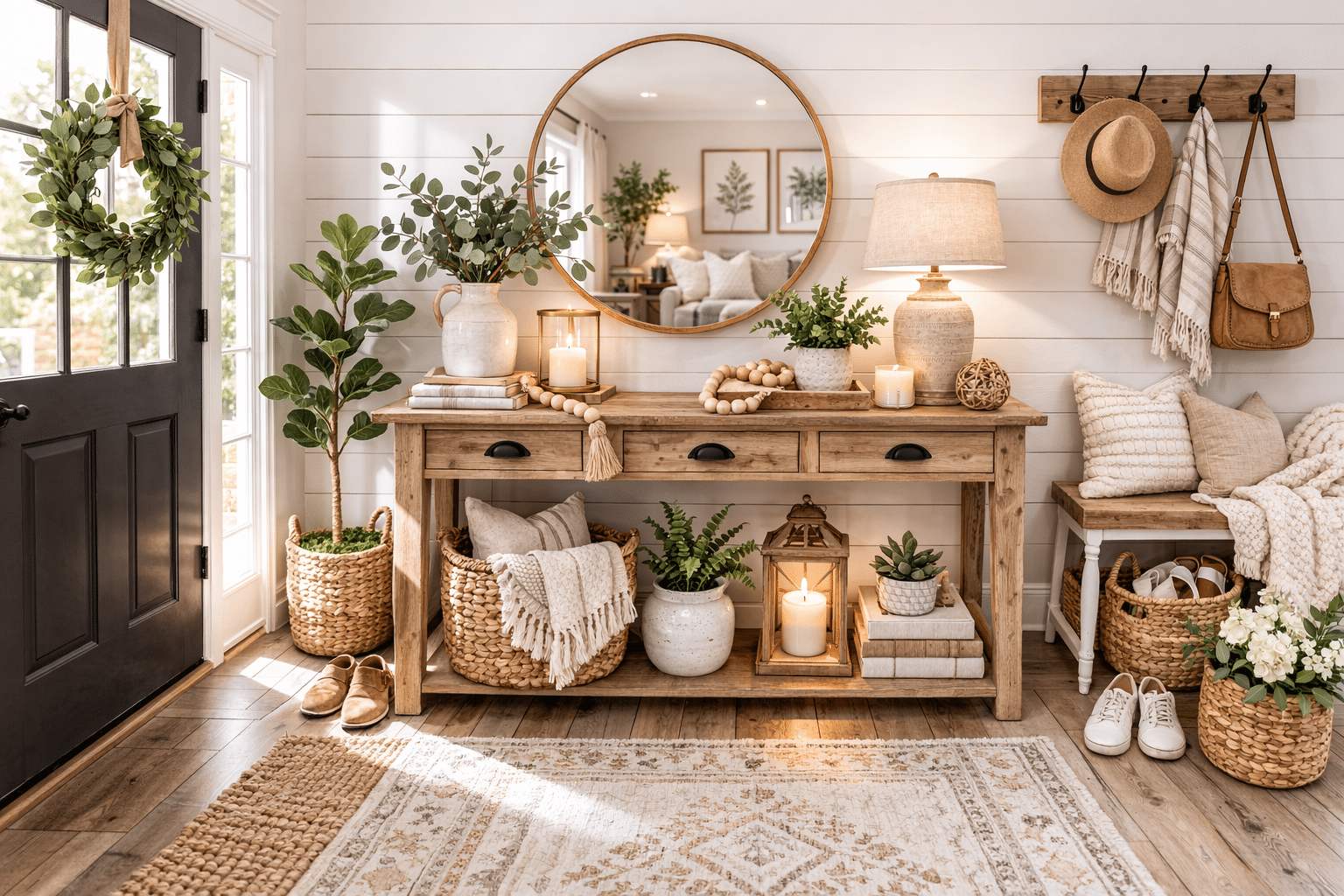 Rustic entryway with wooden console, round mirror, woven baskets, plants, candles, and neutral textiles.